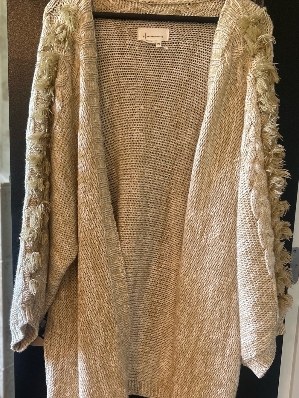 Anthropologie Cream Fringe-Trim Open Cardigan